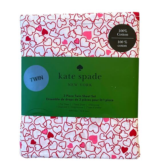 KATE SPADE Valentine's Day Pink Red Outline Hearts TWIN Cotton Sheet Set New - Picture 1 of 11